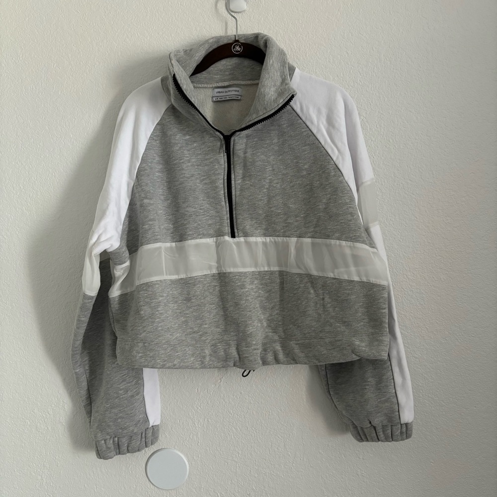 Urban Outfitters Women's Size Large Gray Cropped 1/4 Zip Mesh Detail Sweater